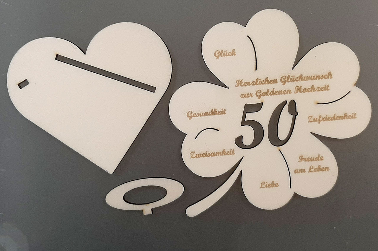 Kleeblatt mit Zahl 50, hervorragend geeignet für Geldgeschenke, z. B. Geburtstag oder Goldene Hochzeit - Werbeagentur Baganz