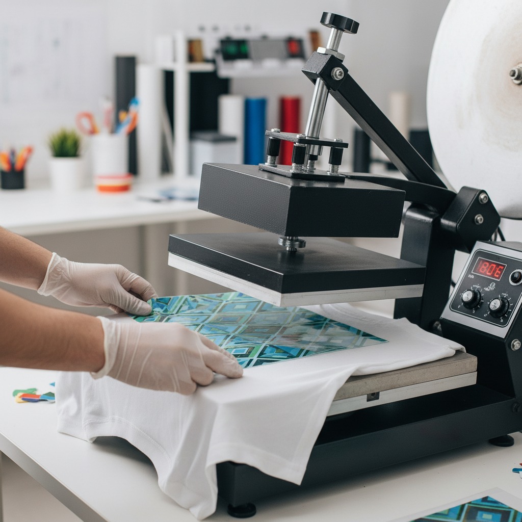 Eine Person mit Schutzhandschuhen platziert ein bedrucktes Motiv auf einem weißen T-Shirt unter einer Transferpresse.