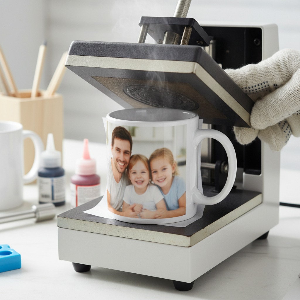 Eine mit einem Familienfoto bedruckte Tasse wird in einer Heißpresse mit Dampf fixiert.